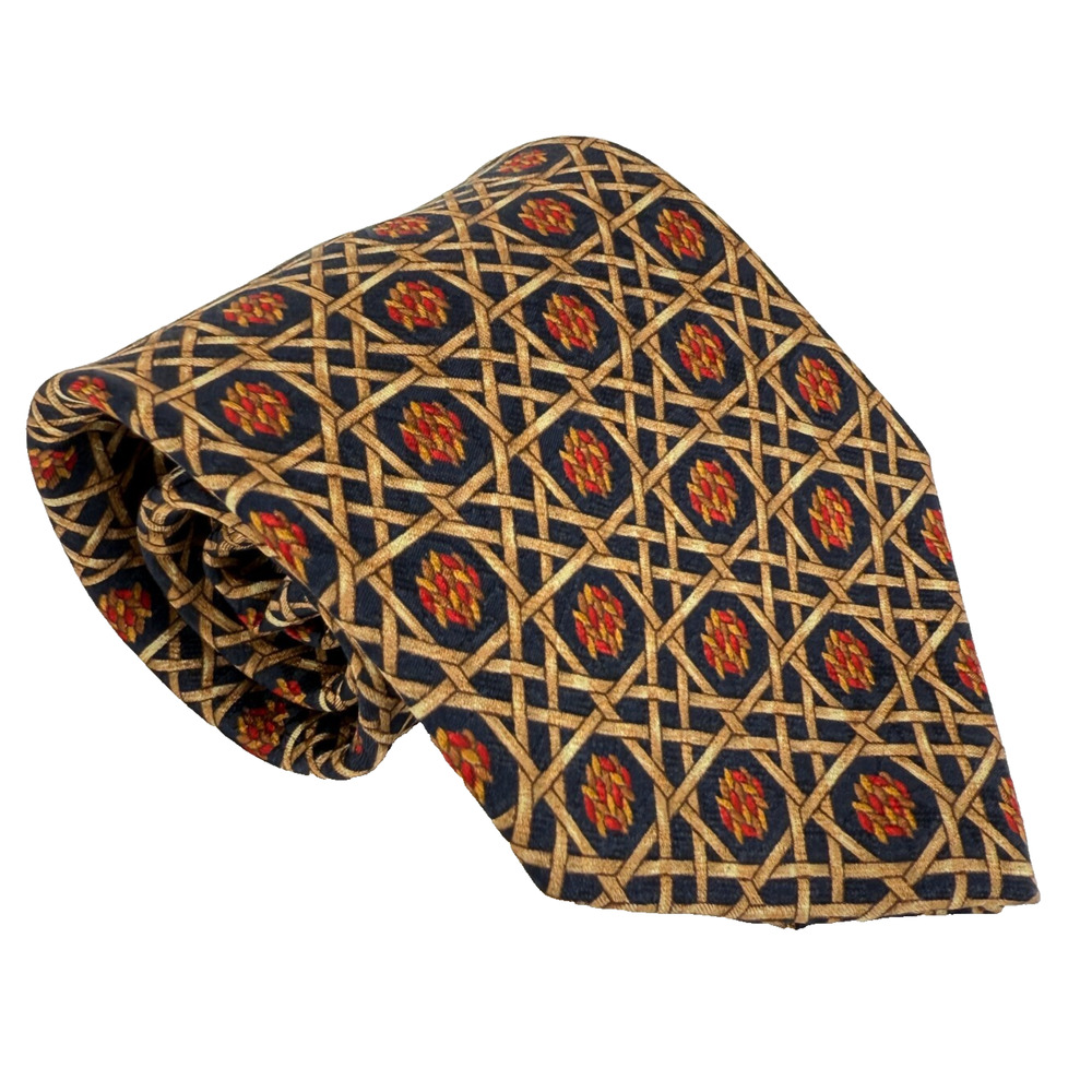 Lladro Silk Tie Made In Spain Geometric Lattice Print Designer Luxury Vintage